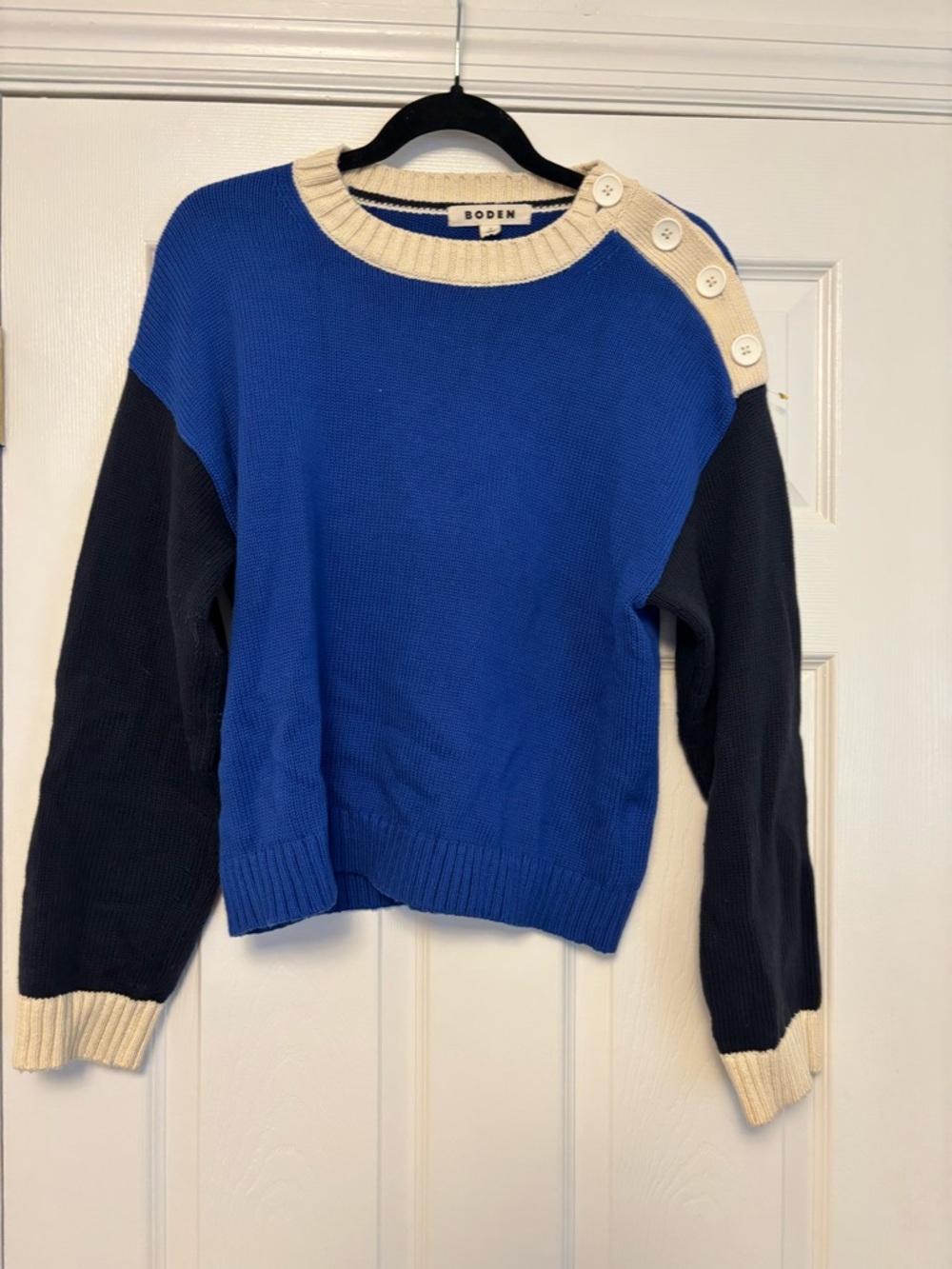 Boden Jemma Chunky Cotton Sweater Colorblock Blue Navy Ivory Small - Picture 2 of 5